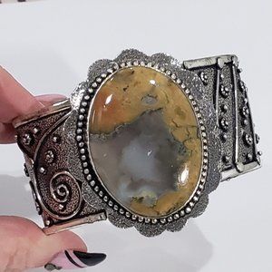 Natural Agate Gemstone, Unisex, Large 925 Silver Handmade Adj Cuff Bangle
